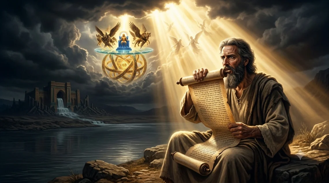 Chamado profético de Ezequiel - profeta comendo o rolo com luz divina descendo do céu, simbolizando a internalização da Palavra de Deus