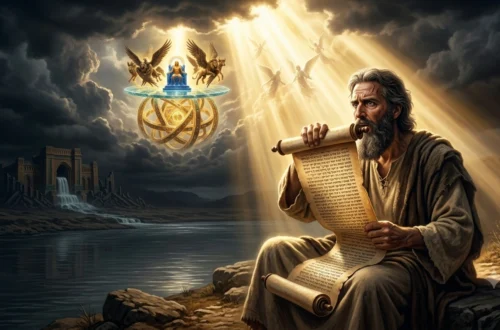 Chamado profético de Ezequiel - profeta comendo o rolo com luz divina descendo do céu, simbolizando a internalização da Palavra de Deus