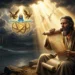 Chamado profético de Ezequiel - profeta comendo o rolo com luz divina descendo do céu, simbolizando a internalização da Palavra de Deus