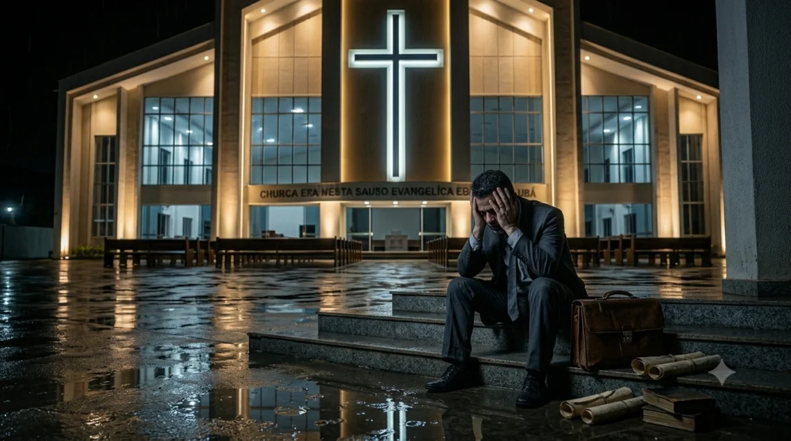 Imagem de um pastor exausto e solitário em uma igreja vazia, simbolizando o esgotamento pastoral e a urgência da igreja cuidar de seus líderes.