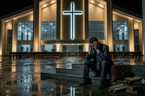 Imagem de um pastor exausto e solitário em uma igreja vazia, simbolizando o esgotamento pastoral e a urgência da igreja cuidar de seus líderes.