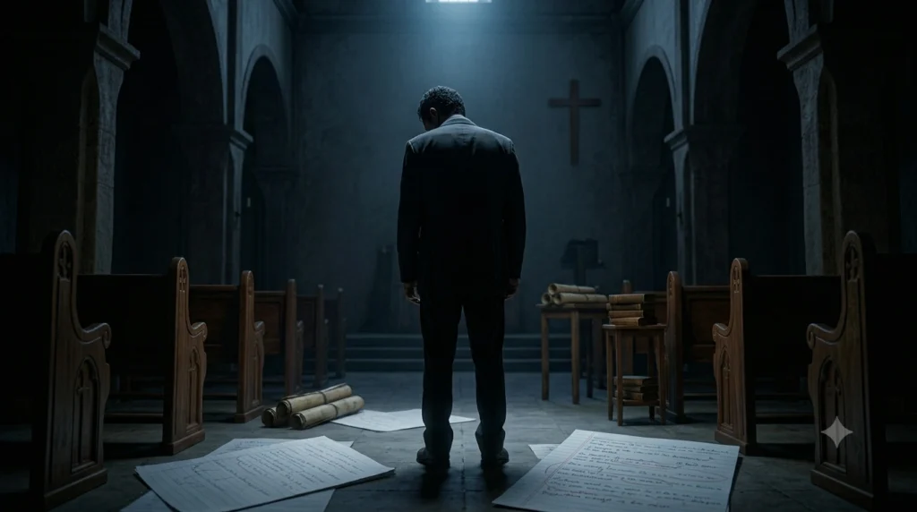 Imagem de um pastor exausto e solitário em uma igreja vazia, simbolizando o esgotamento pastoral e a urgência da igreja cuidar de seus líderes